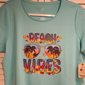 SPRING BREAK T-SHIRT of Beach Vibes Ladies XL, aqua slim scoop neckline NWT